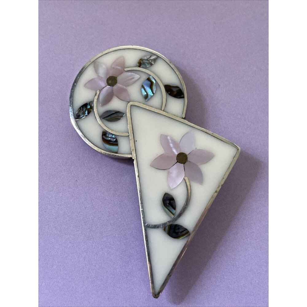 ALIA MOTHER OF PEARL FLOWER ABALONE Shell White Enamel BROOCH Geometric Vintage